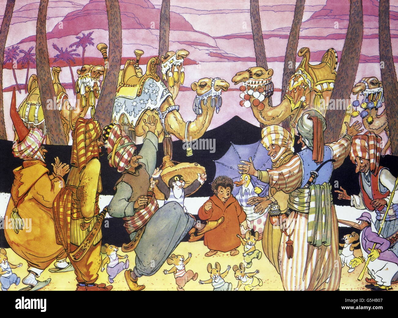 Literatur, Märchen, 'Mecki bei Sindbad', Bildband, 'wie wir die Kameldiebe führen', 1962, Zusatz-Rechte-Clearences-nicht vorhanden Stockfoto