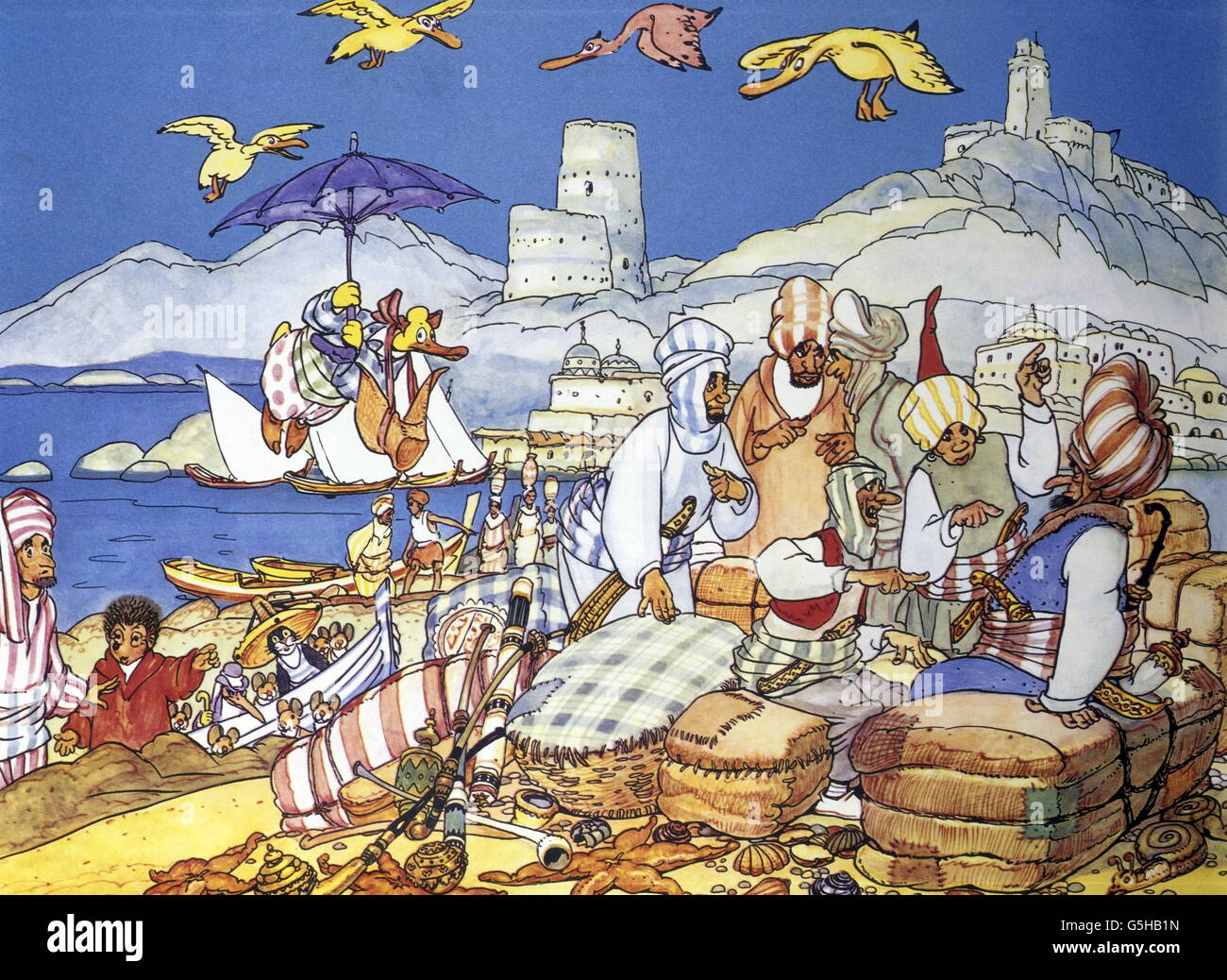 Literatur, Märchen, 'Mecki bei Sindbad', Bildband, 'wie ein Kadi in große Verlegenheit kam', Zusatz-Rechte-Clearences-nicht vorhanden Stockfoto