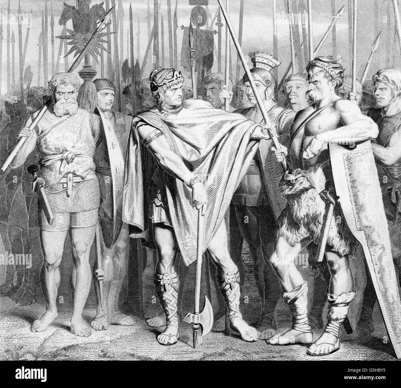 Clovis I., ca. 466 - 27.11.511, König der Franken 482 - 511, an der Spitze seiner Armee, Stahlgravur von Deininger nach Malerei von Otto Knille, 19. Jahrhundert, Stockfoto