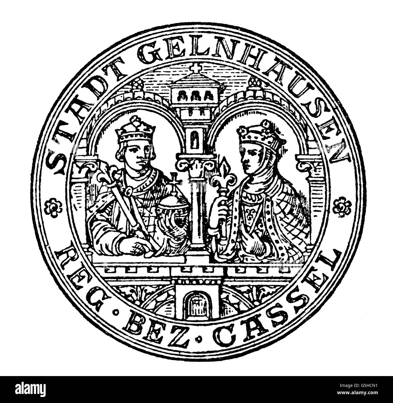Friedrich I. 'Barbarossas', ca. 1123 - 10.6.1190, Heiliger römischer Kaiser 18.6.1155 - 10.6.1190, mit Frau Beatrice von Burgundia, Siegel der Stadt Gelnhausen, 1170, Holzgravur, 19. Jahrhundert, Stockfoto
