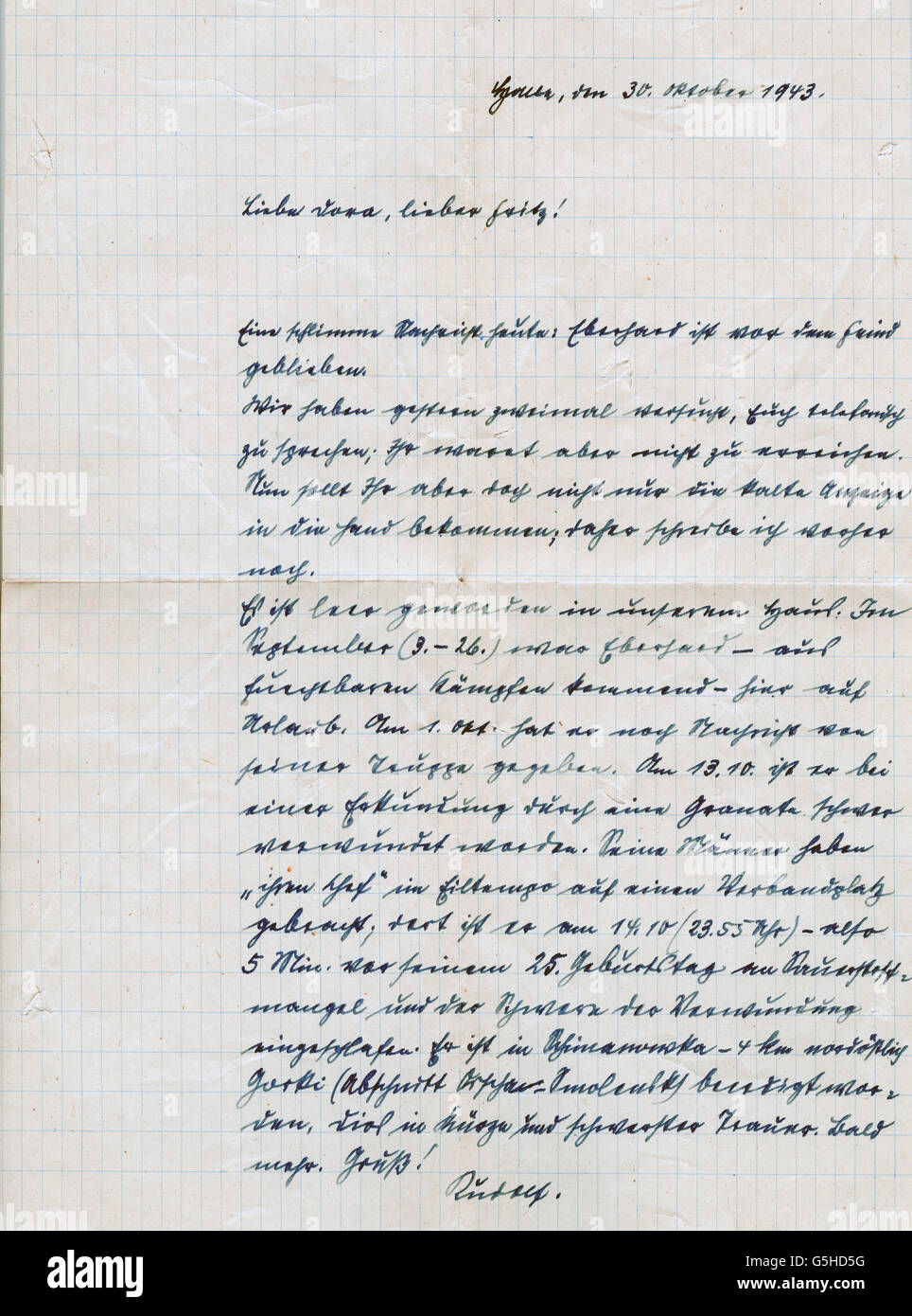 Ereignisse, 2. Weltkrieg, Deutschland, Brief von Rudolf Halle, Halle/Saale, an Freunde in Düsseldorf, 30.10.1943: 'Eine traurige Botschaft heute: Eberhard wurde in Aktion getötet.', Zusatz-Rechte-Clearences-nicht vorhanden Stockfoto