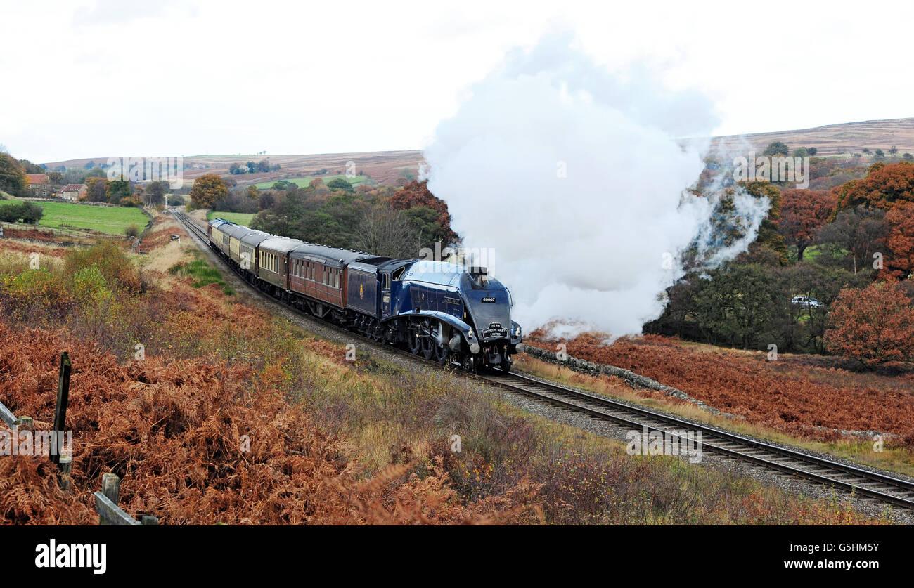 Die Sir Nigel Gresley-Lokomotive feiert ihr 75-jähriges Bestehen und befördert Passagiere entlang der North Yorkshire Moors Railway. Stockfoto