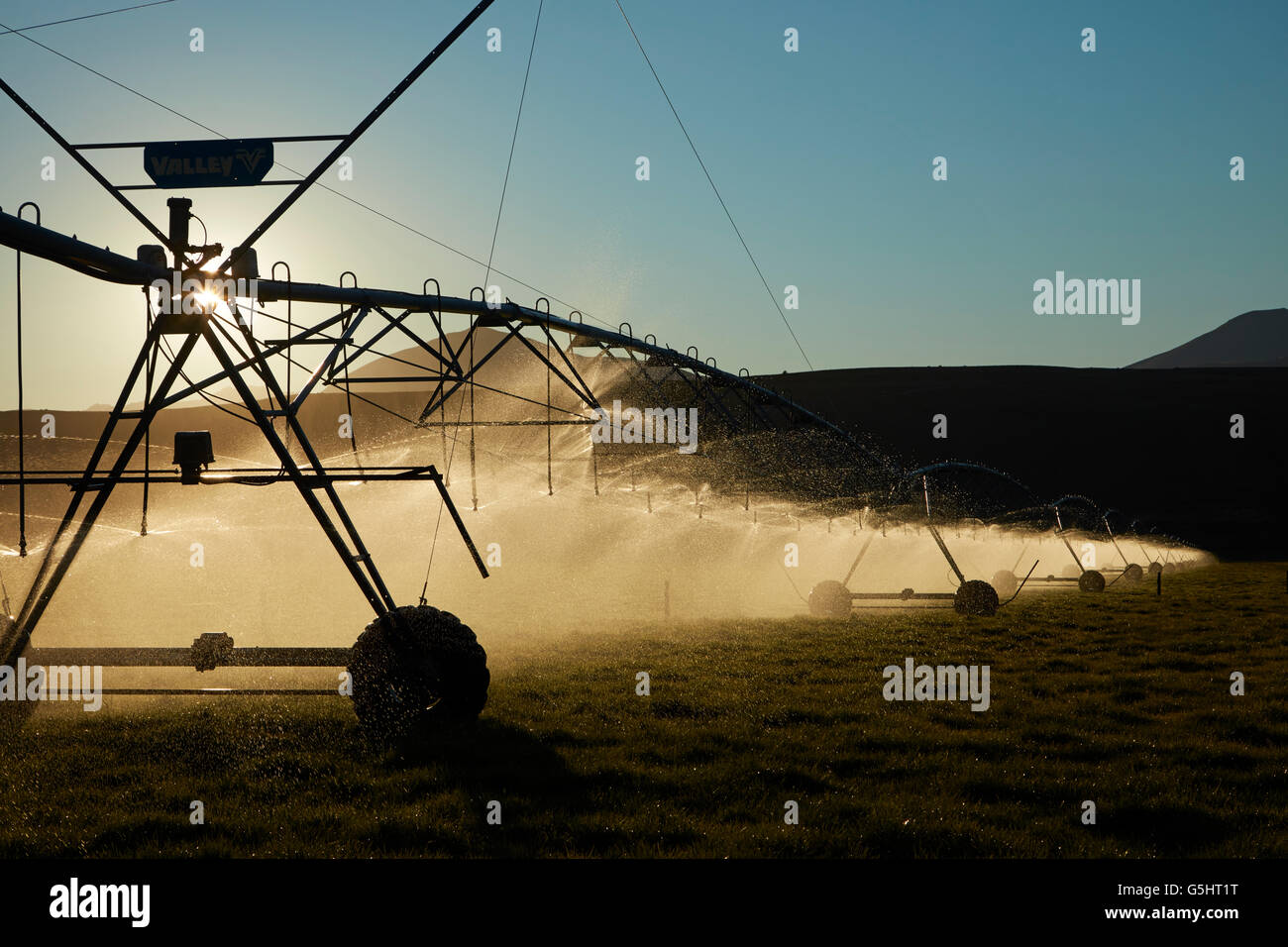Center Pivot Bewässerung, in der Nähe von Twizel, Mackenzie District, South Canterbury, Südinsel, Neuseeland Stockfoto