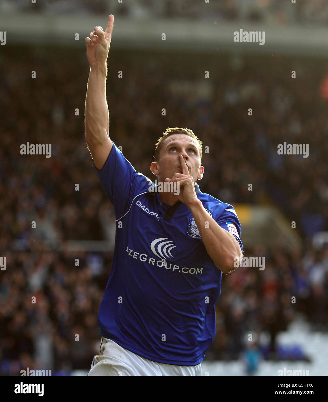 Peter Lovenkrands von Birmingham City feiert den Torreigen beim Spiel der npower Football League in St. Andrews, Birmingham. Stockfoto