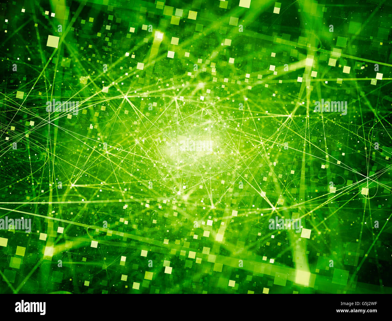 Grün leuchtende Verbindungen im Raum mit Partikeln, big Data Computer generiert abstrakten Hintergrund Stockfoto
