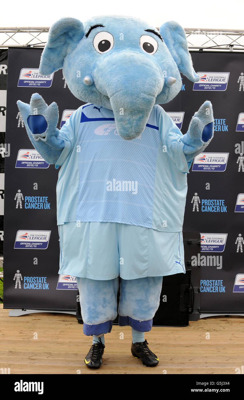 Fußball - Football League Charity Mascot Race 2012 - Doncaster Racecourse. Coventry City Maskottchen Sky Blue Sam, nach dem Football League Mascot Race, zur Unterstützung von Prostatakrebs UK. Stockfoto