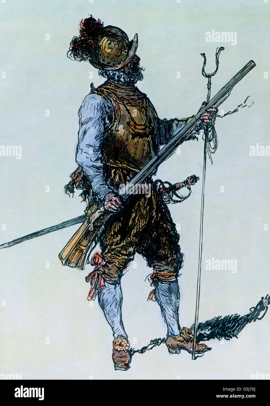 Ein Arkebusier aus der Zeit des Dreißigjährigen Krieges. Ein Soldat mit einer Arcebus in den Tagen des Dreißigjährigen Krieges. Stockfoto