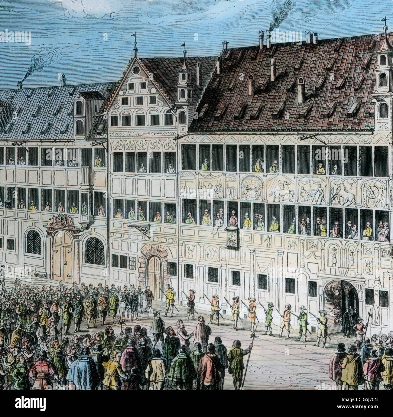 Auf Dem Weinmarkt in Augsburg Vor Dem Fuggerhaus Huldigt sterben Volk Dem Schwedischen König Gustav Adolf. Vor dem Fugger-Haus auf dem Weinmarkt in der Stadt Augsburg machen die Menschen Hommage an schwedischen König Gustav Adolf. Stockfoto