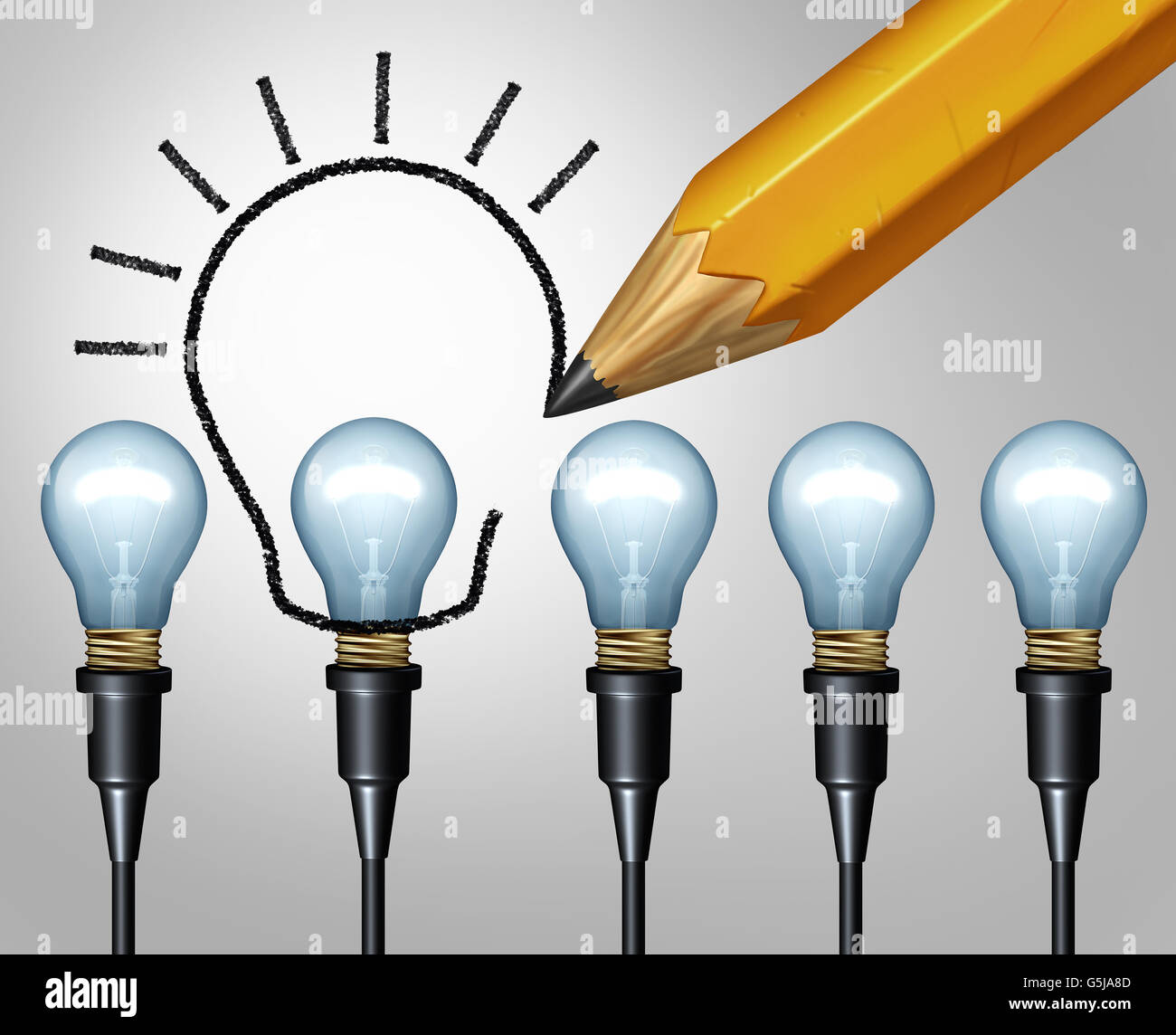 Glühbirne Bleistiftzeichnung Erhöhung Innovationskonzept und größere Idee Symbol als Upgrade Skizze einer größeren Glühbirne als eine Stockfoto