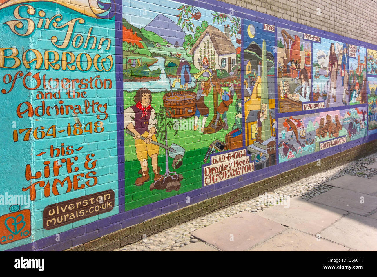 Öffentliche Kunst Wandmalerei Wandgemälde aus dem Leben der Lokalmatador Sir John Barrow in Ulverston Cumbria England UK Stockfoto