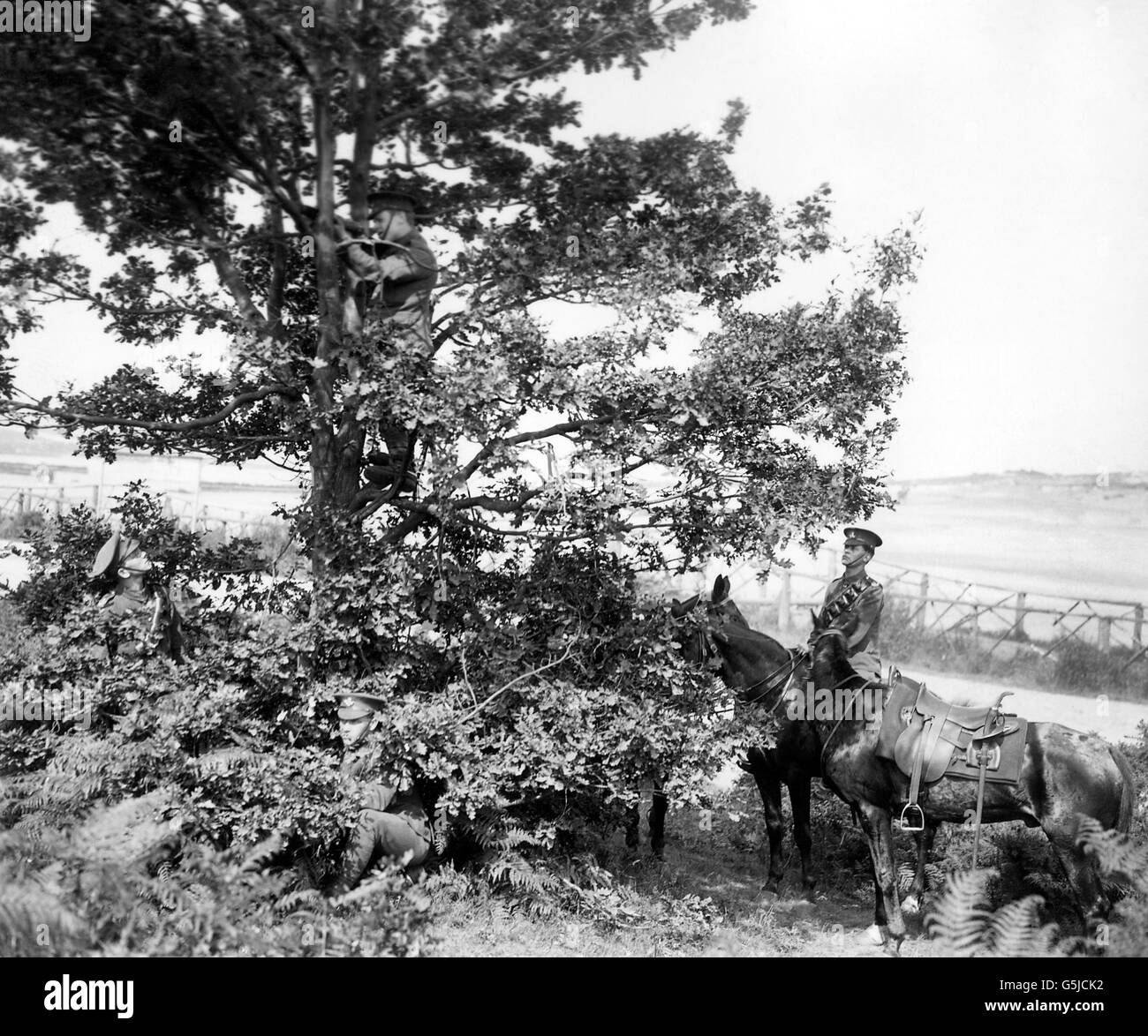 Erster Weltkrieg - Britische Armee - Kavallerie-Scharfschütze. Ein britischer Kavallerie-Scharfschütze bei der Arbeit. Stockfoto