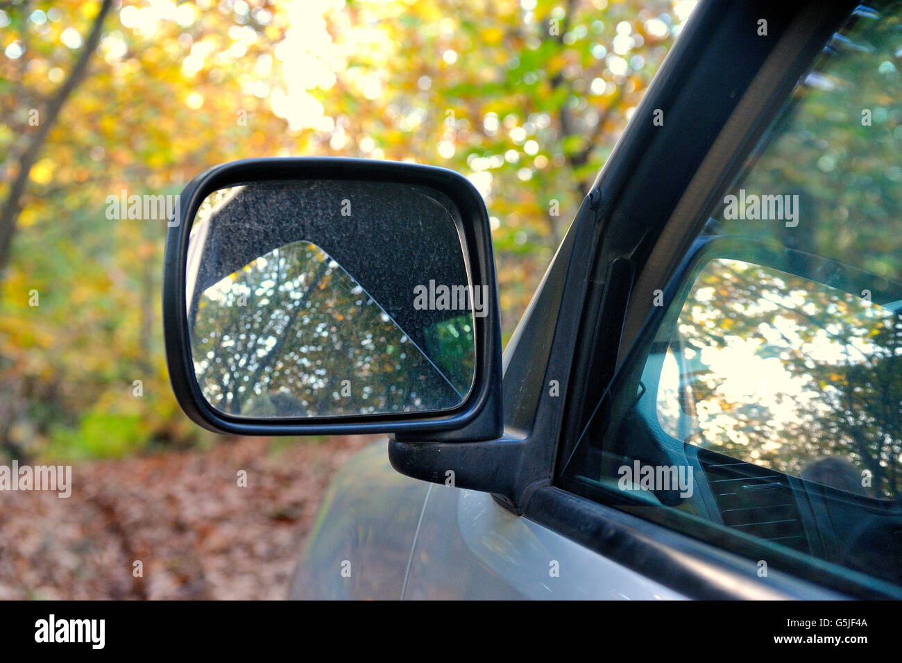 Offroad Fahrzeug fahren in den Wald des Nationalparks der Cevennen im Herbst. Stockfoto
