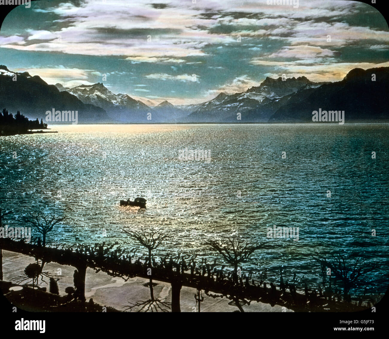 Der Genfer sehen in der Abendsonne, 1930er Jahre Schweiz. Genfer See in der Abendsonne, der 1930er Jahre Schweiz. Stockfoto
