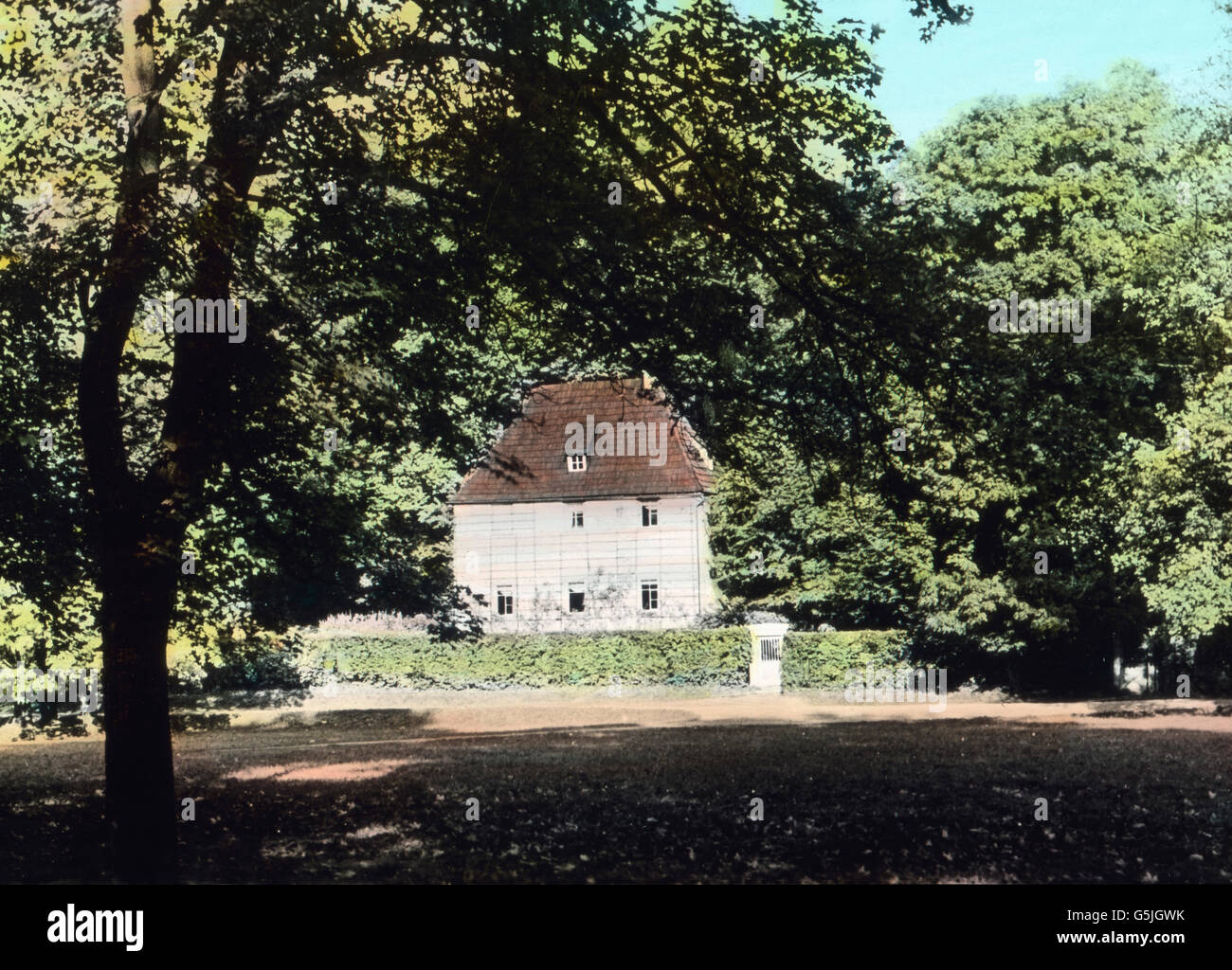 Das Gartenhaus von Johann Wolfgang von Goethe in Weimar, Thüringen, 1920er Jahre. Gartenhaus des deutschen Dichters Johann Wolfgang von Goethe in Weimar, Thüringen, 1920er Jahre. Stockfoto