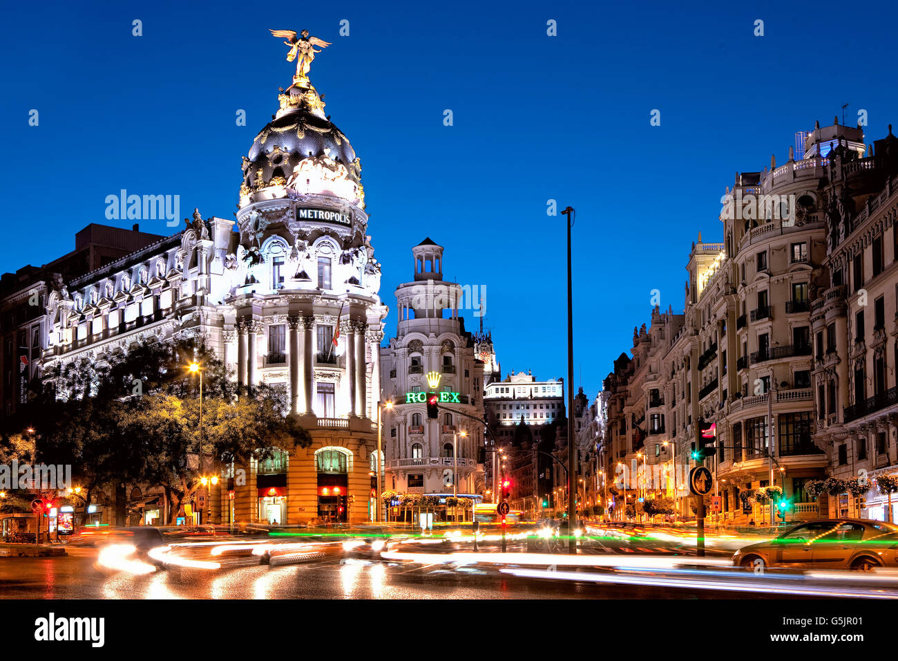 Metropole, die Gebäude an der Gran Via in Madrid Stockfoto
