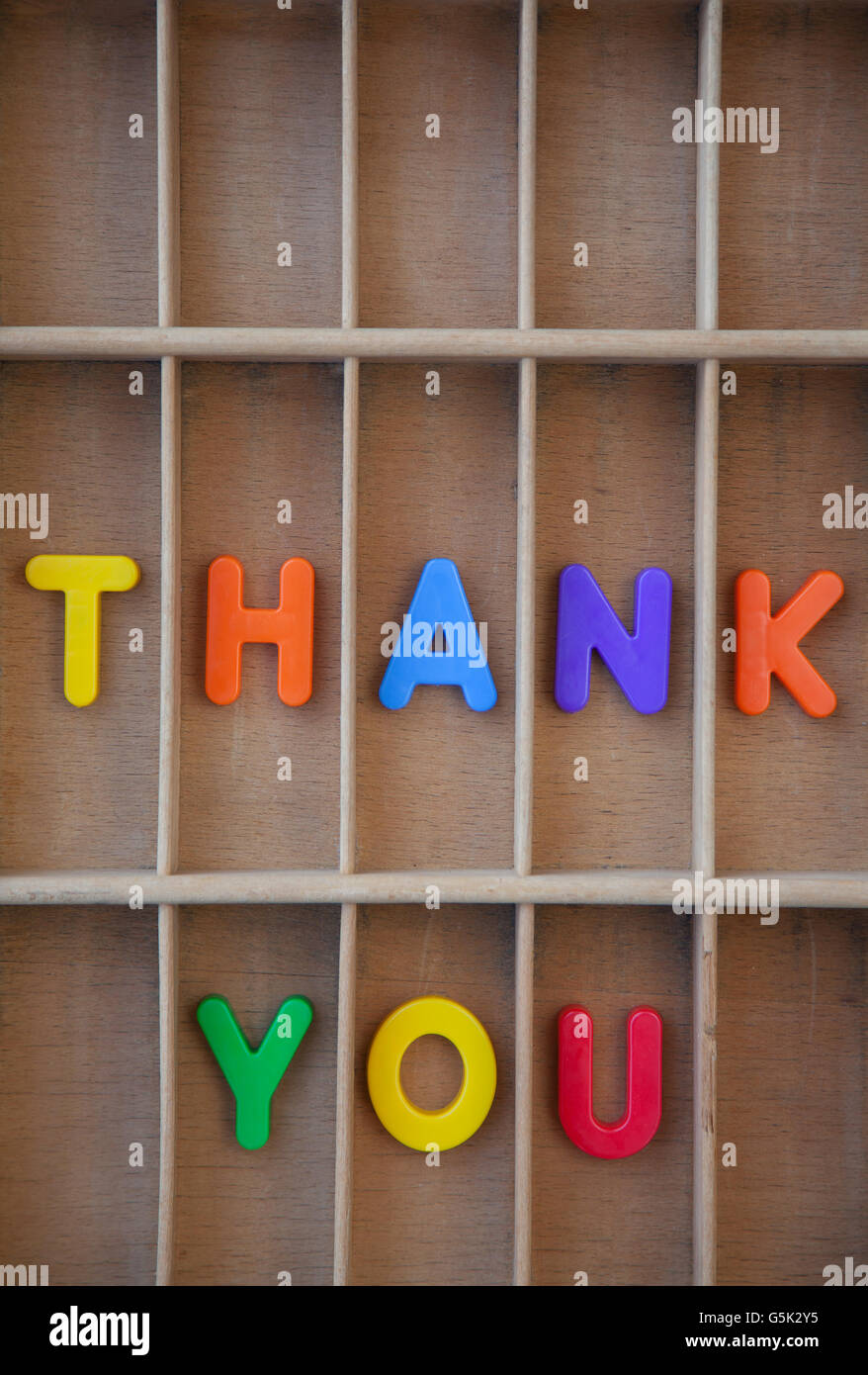 Danke Text Buchstaben in einem Vintage Groß-/Kleinschreibung Stockfoto