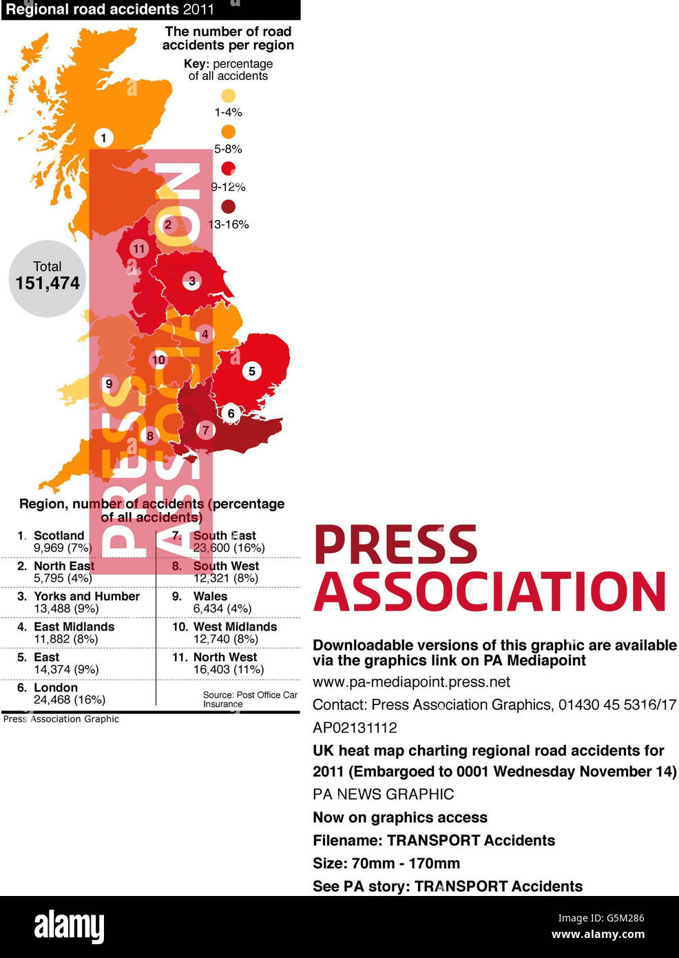 UK Heat Map für regionale Straßenverkehrsunfälle für 2011. Stockfoto
