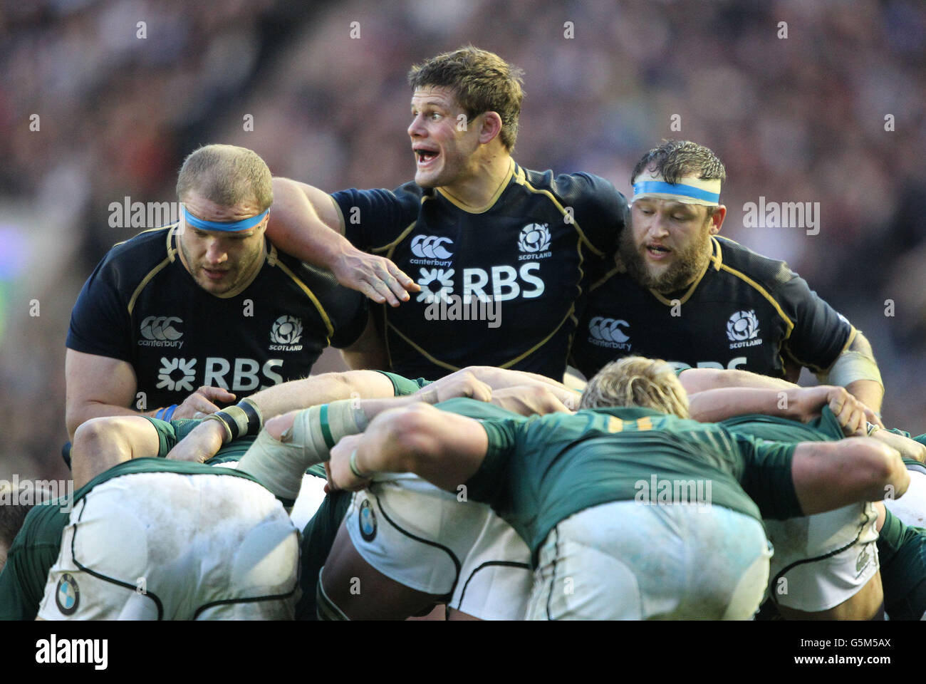Schottlands Ross Ford (Mitte) beim EMV-Testspiel in Murrayfield, Edinburgh. Stockfoto