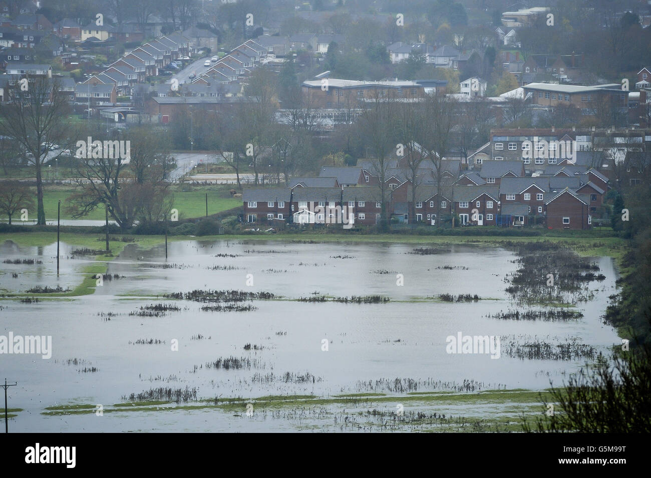 Die überschwemmten Somerset Ebenen wie starken Regen weiterhin auf bereits durchnässt Felder und geschwollene Flüsse in der Gegend fallen. Stockfoto