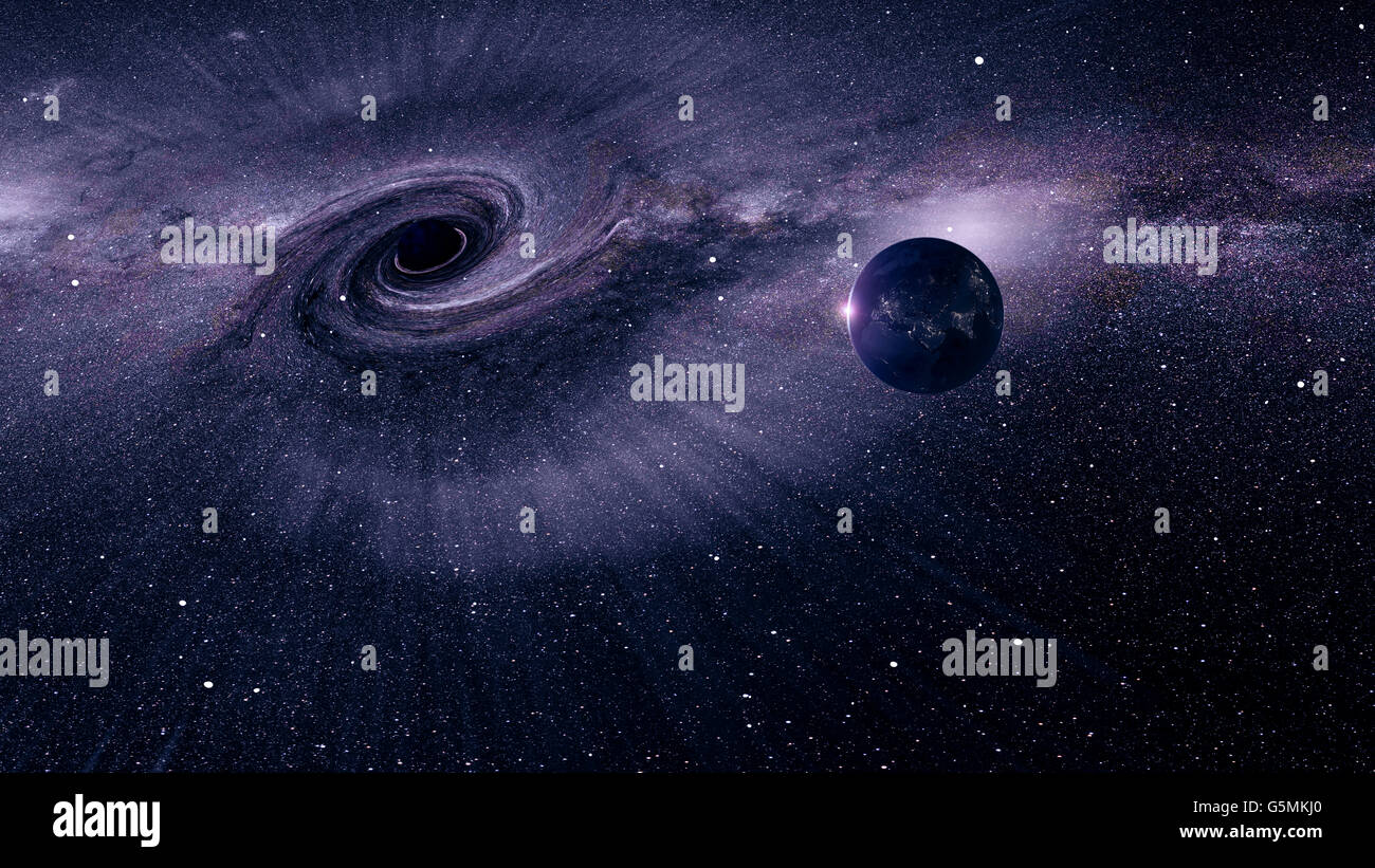Ein schwarzes Loch im Weltraum mit immensen Schwerefeld in Nähe der Erde Stockfoto