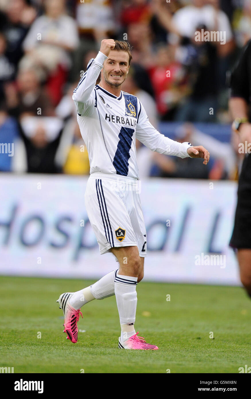 David Beckham VON LA Galaxy reagiert während des MLS Cup Finales im Home Depot Center, Los Angeles, USA. Stockfoto