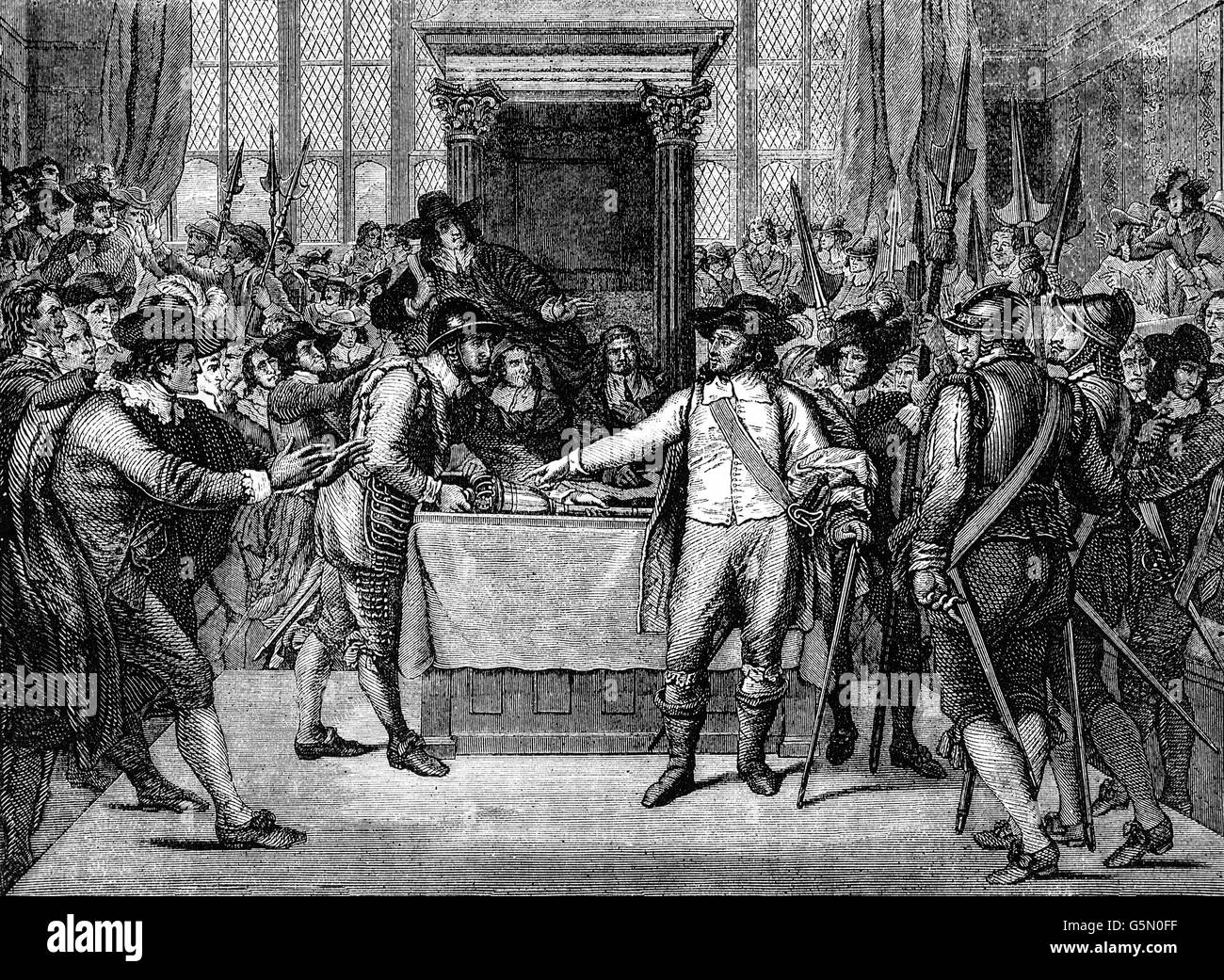 Gegen Cromwells Wünsche kehrte das Rumpfparlament auf eigene Rechnung für eine neue Regierung zu diskutieren. Cromwell wurde so wütend, dass am 20. April 1653, unterstützt von etwa vierzig Rundköpfen er die Kammer deaktiviert und das Parlament gewaltsam aufgelöst. Stockfoto