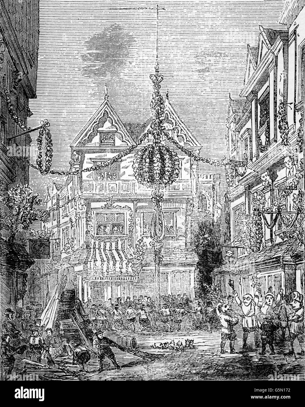 Straßenfeste in der Restauration der englischen Monarchie begann im Jahre 1660, als die englischen, schottischen und irischen Monarchien alle unter Charles II nach dem Interregnum wiederhergestellt wurden, die die Kriege der drei Königreiche folgten. Stockfoto