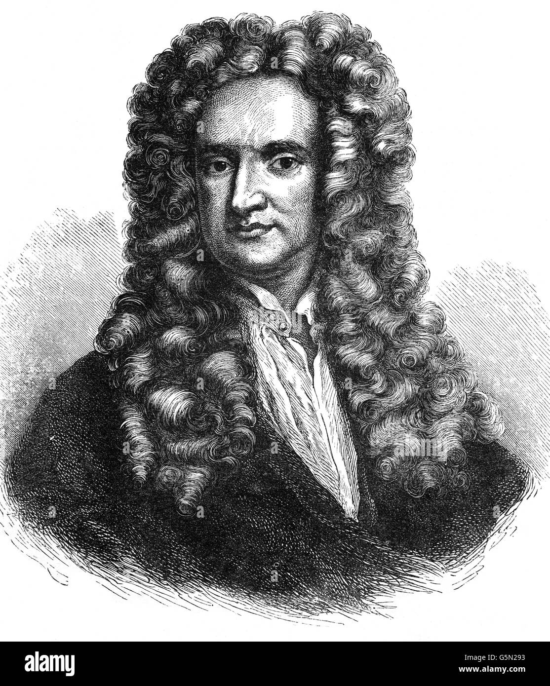 Sir Isaac Newton (1642-1726-7) war ein englischer Physiker und Mathematiker (beschrieben in seiner eigenen Zeit als "natürlicher Philosoph"), der als einer der einflussreichsten Wissenschaftler aller Zeiten und eine Schlüsselfigur in der wissenschaftlichen Revolution weitgehend anerkannt ist. Stockfoto