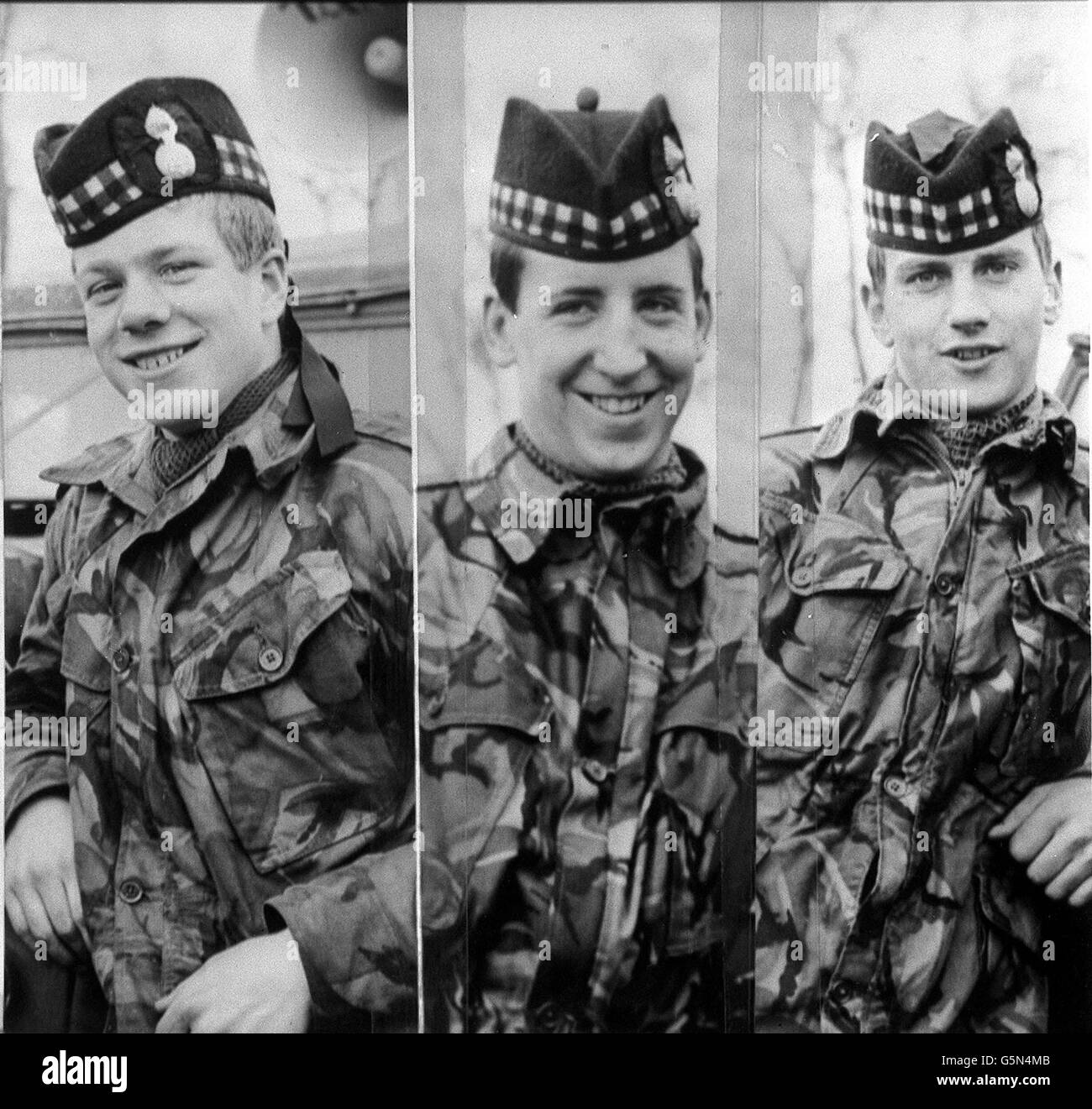 Fotos der drei britischen Soldaten, die bei einem Hinterhalt in Ligoniel am Stadtrand von Belfast getötet wurden. Es sind John McCraig 17 (L) sein Bruder Joseph, 18 (R) und Dougald McCaughy,23. Stockfoto