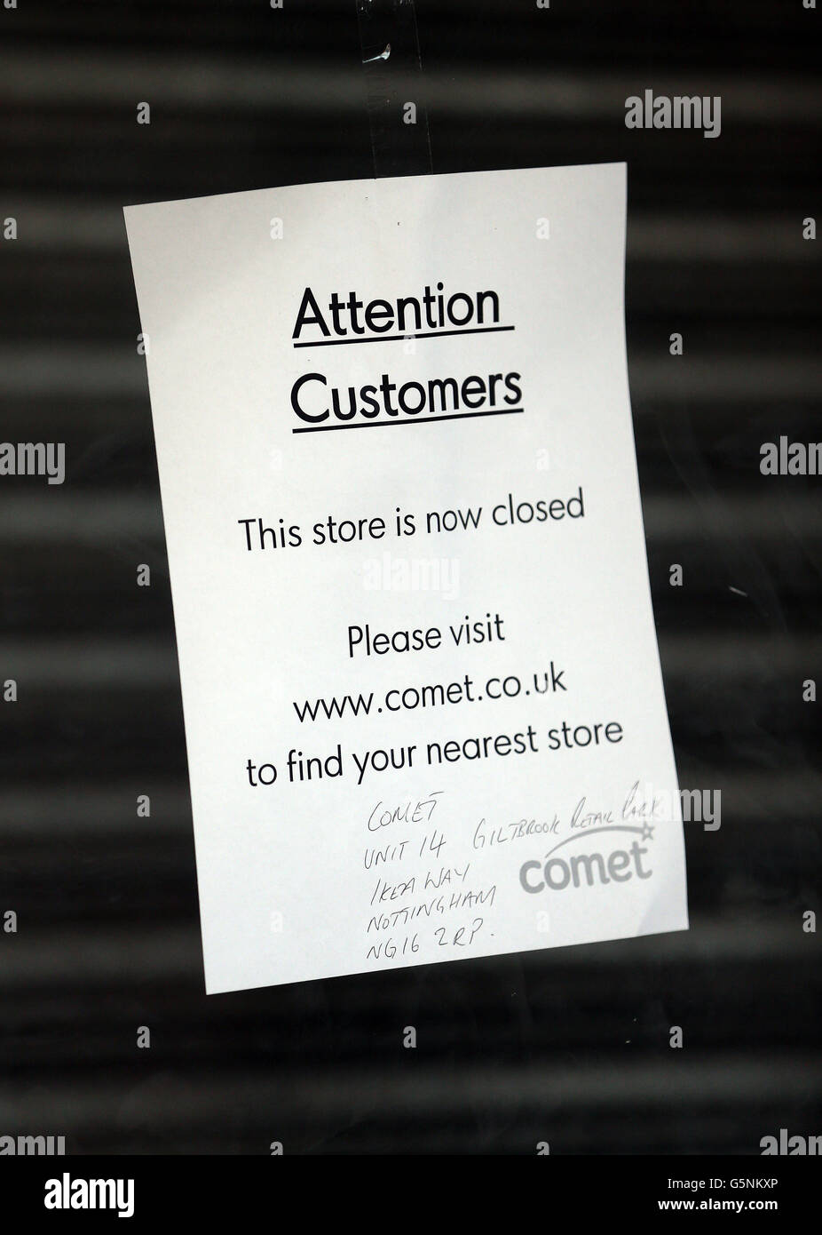 Ein Hinweis auf ein geschlossenes Comet-Geschäft in Giltbrook, Nottingham. Stockfoto