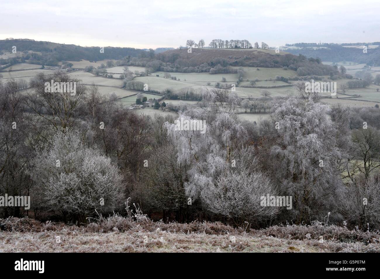 Der Blick vom Cam Peak in den Cotswolds, da kalte Temperaturen zu Frost führen. Stockfoto