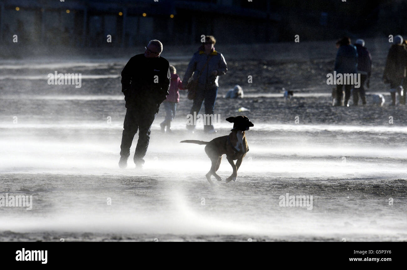 Menschen laufen bei starken Winden am Tynemouth Beach, Tyne und tragen. Stockfoto