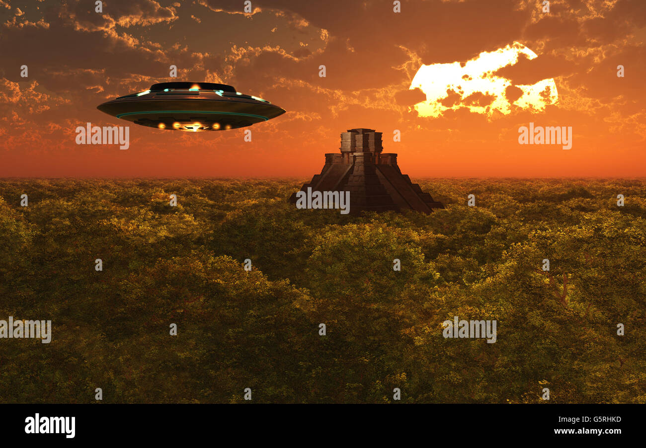 Ein UFO fliegt zu einem Remote Maya Tempel, fast von einem südamerikanischen Dschungel versteckt. Stockfoto