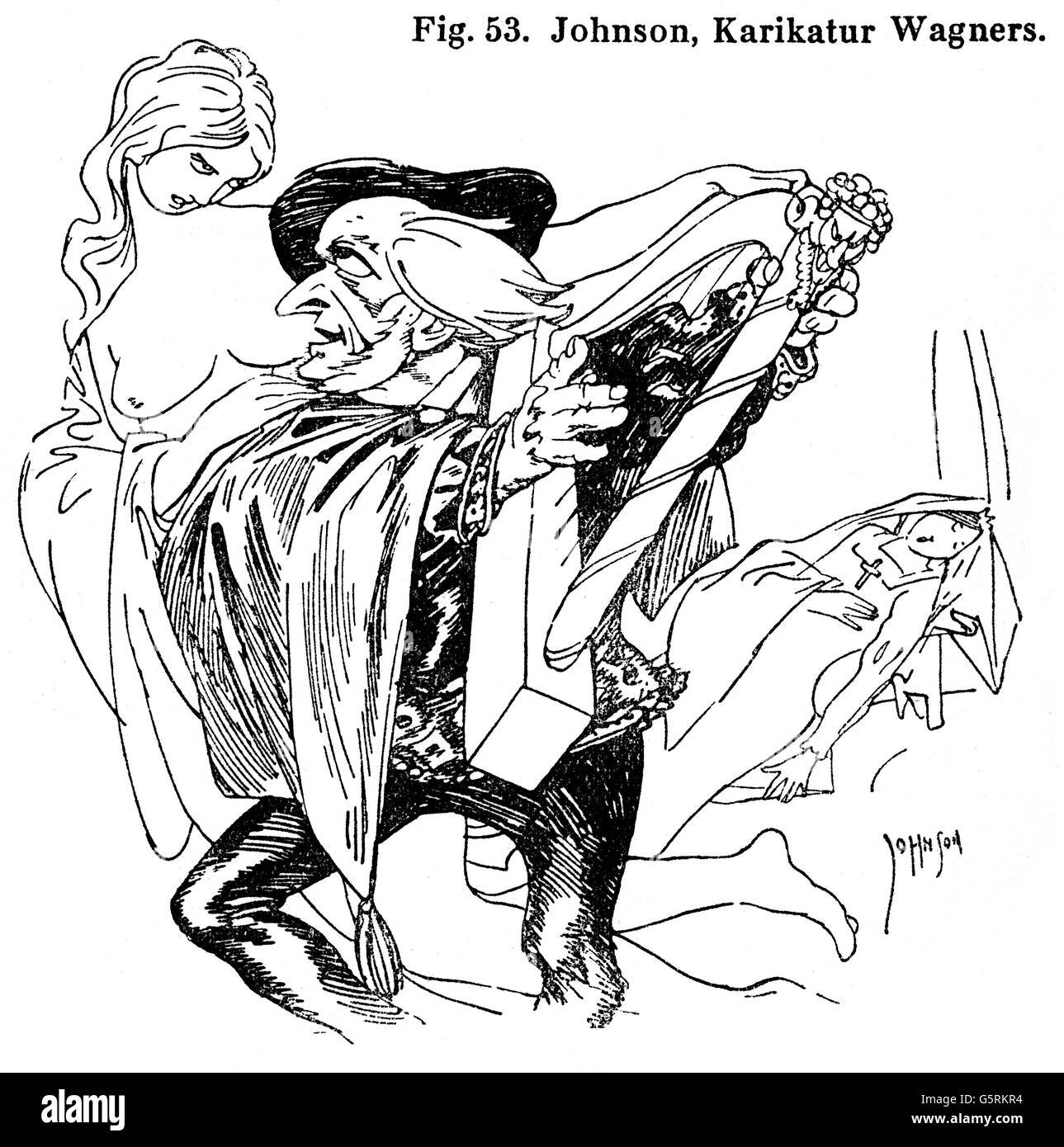 Wagner, Richard, 22.5.1813 - 13.2.1883, deutscher Komponist, mit Lyra und Musen, Karikatur, von Arthur Johnson (50-1954), 19./20. Jahrhundert, Stockfoto