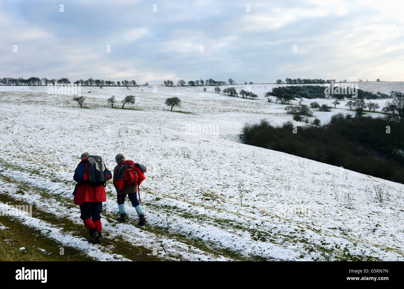 Schnee auf dem Hochboden der Yorkshire Wolds bei Millington Almen, nahe Pocklington, gibt Wanderern einen Vorgeschmack auf das Winterwetter und Schnee, die in den kommenden Tagen viele Gebiete Großbritanniens beeinflussen werden. Stockfoto