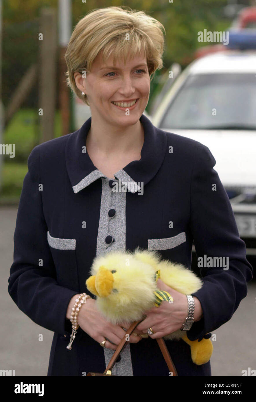 Die Gräfin von Wessex mit einer flauschigen Ente, die ihr bei einem Spaziergang vor dem Simonside Youth Center in South Shields geschenkt wurde. Stockfoto