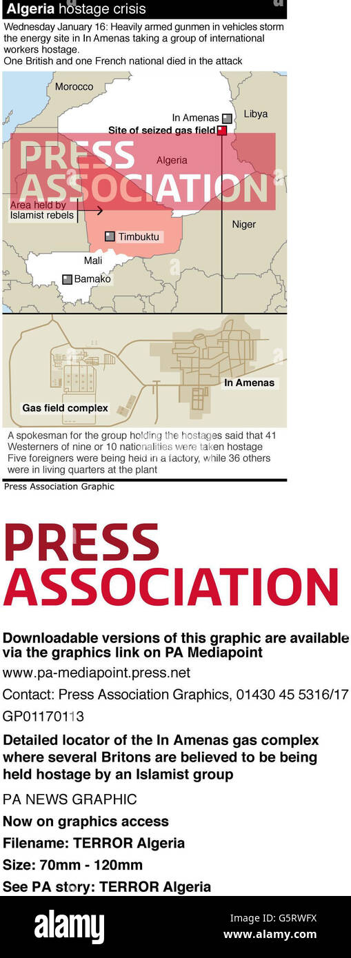 Detaillierter Standort des Gaskomplexes in Amenas, wo mehrere Briten vermutlich von einer islamistischen Gruppe als Geisel gehalten werden Stockfoto