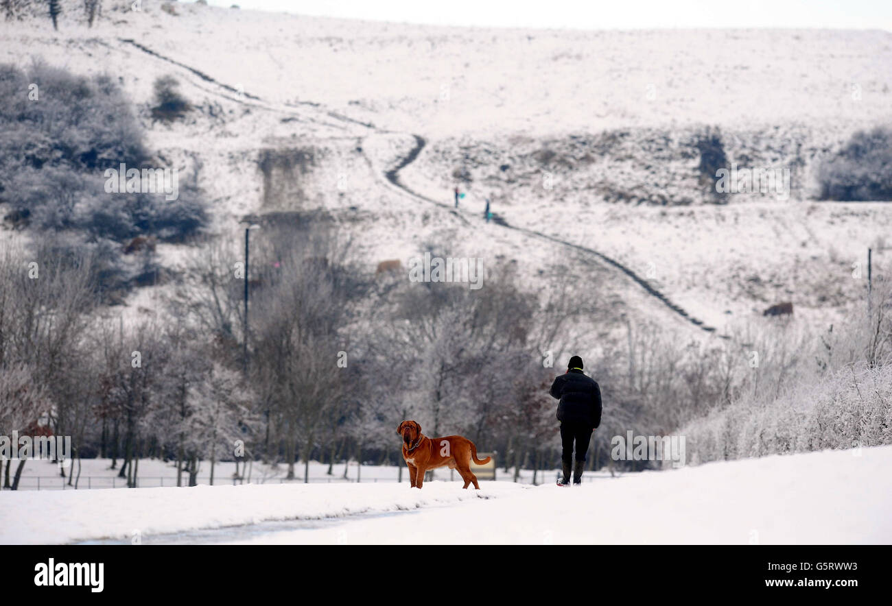 Ein Mann geht heute mit seinem Hund im Herrington Country Park nahe Sunderland, während der Kälteeinbruch Großbritannien weiterhin trifft. Stockfoto