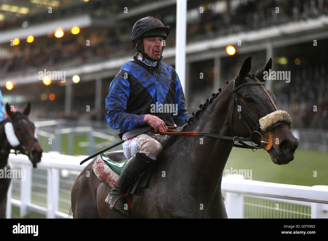 Jockey Davy Russell macht seinen Weg nach dem Glenfarcras Cross Country Handicap Chaseduring Tag einer der internationalen Treffen auf Cheltenham Rennbahn, Cheltenham. Stockfoto