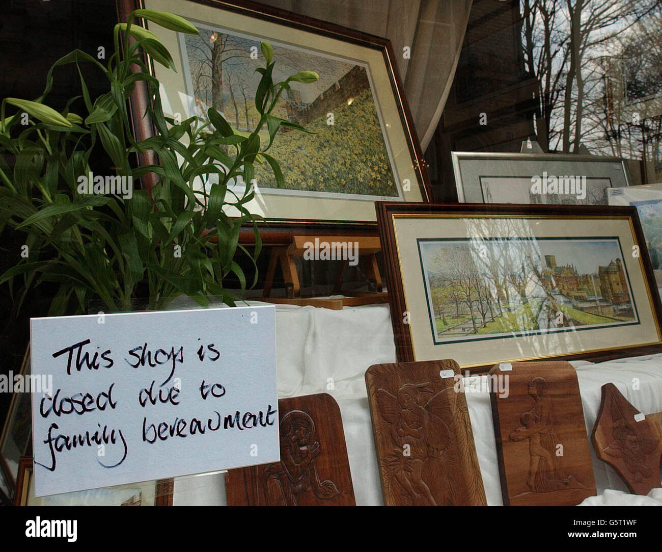 Ein Schild im Fenster der Kunstgalerie in York des lokalen Künstlers Alan stuttle, mit einem Schild im Fenster, das erklärt, dass der Laden wegen eines Trauerleids der Familie geschlossen ist. * die 19-jährige Tochter Caroline Ann stuttle von Mr. Stuttle wurde gestern tot am Fuße einer Straßenbrücke in Bundaberg, 186 Meilen nördlich von Brisbane, gefunden. Es wird angenommen, dass die Teenager, die auf einem Rucksackurlaub durch Australien war, von der 65 Fuß langen Brücke zu ihrem Tod geworfen wurde, nachdem sie ausgeraubt worden war. Stockfoto