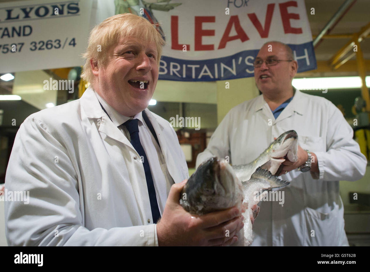 Boris Johnson (links) hält ein Wildlachs an Billingsgate Fischmarkt in London mit Portier Greg Essex, Onkel von TV-Moderatorin Joey Essex, am letzten Tag der Kampagne vor Donnerstag EU-Referendum. Stockfoto