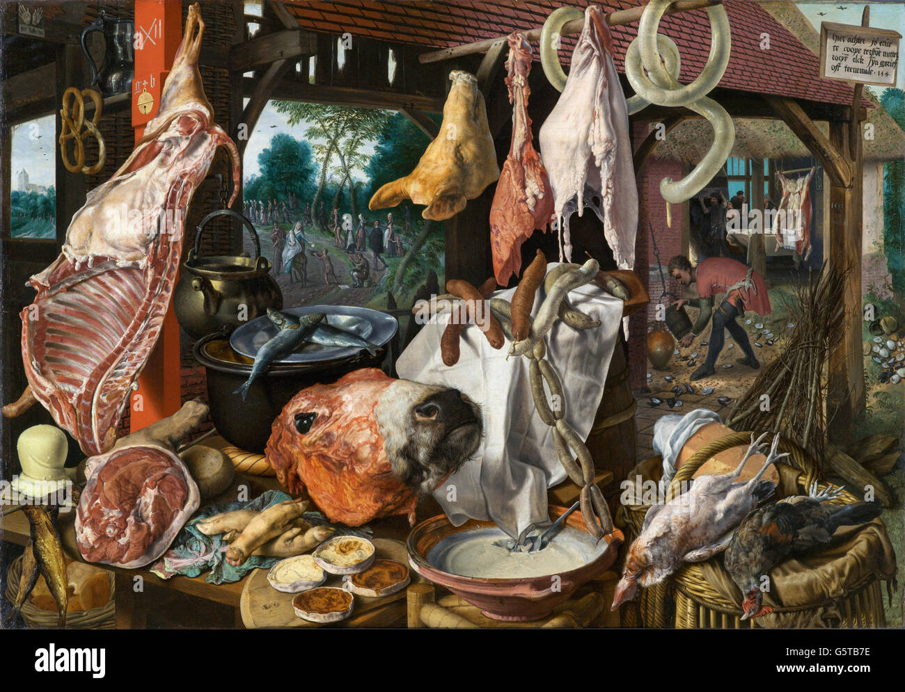 Ein Fleisch-Stall mit der Heiligen Familie, Almosen - Pieter Aertsen Stockfoto