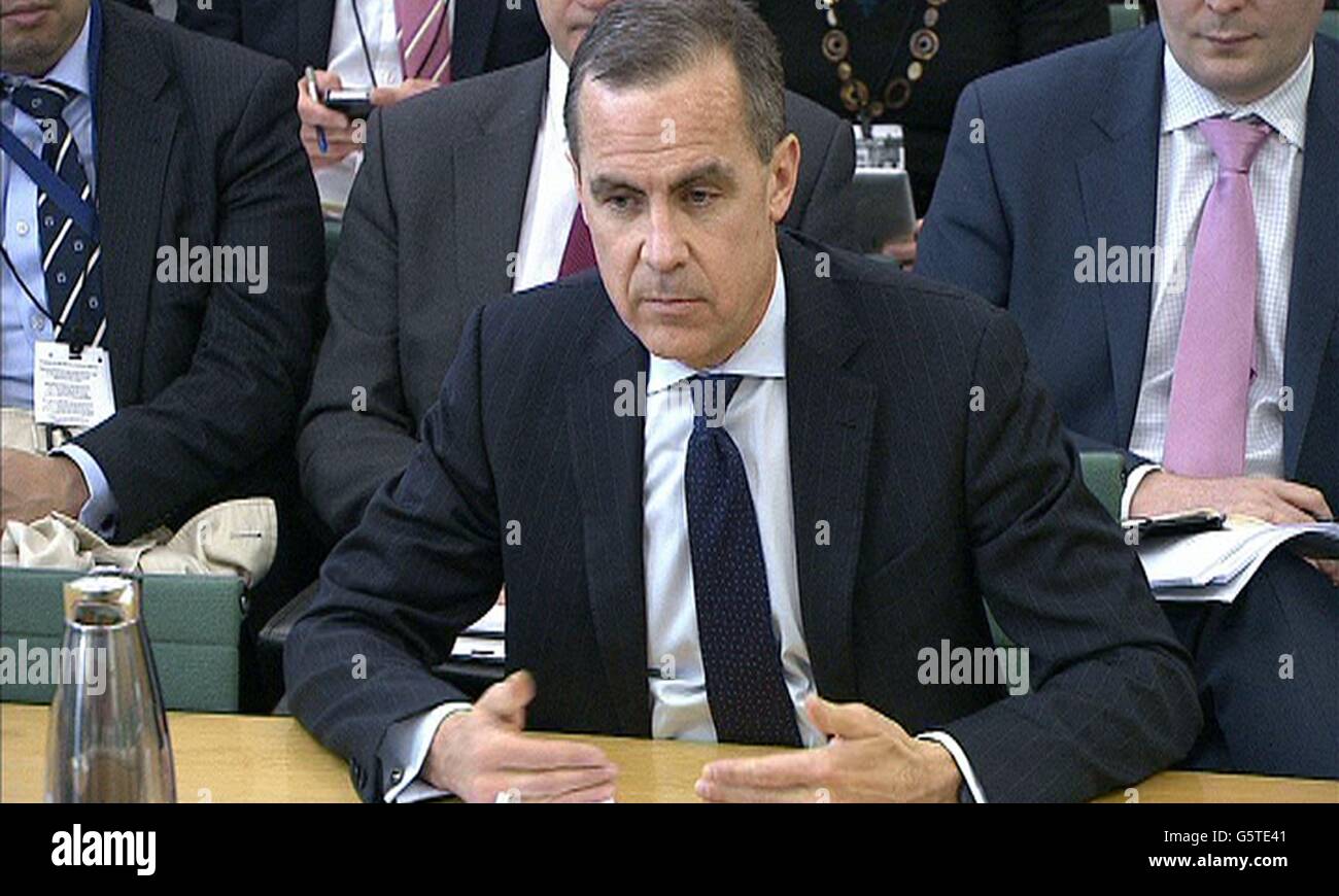 Der Gouverneur der Bank von England, Mark Carney, spricht im House of Commons Treasury Select Committee im Portcullis House. Stockfoto