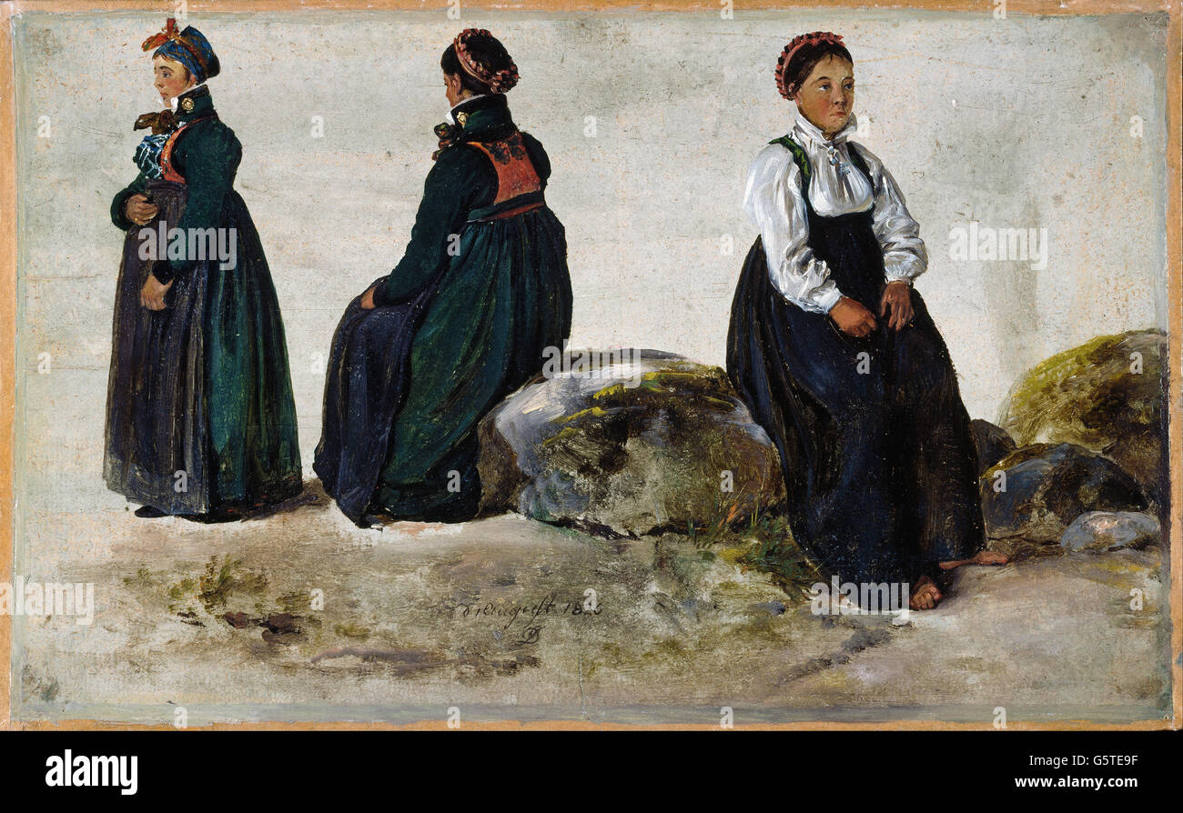 Johan Christian Dahl - Studien von Frauentrachten aus Glanz Stockfoto