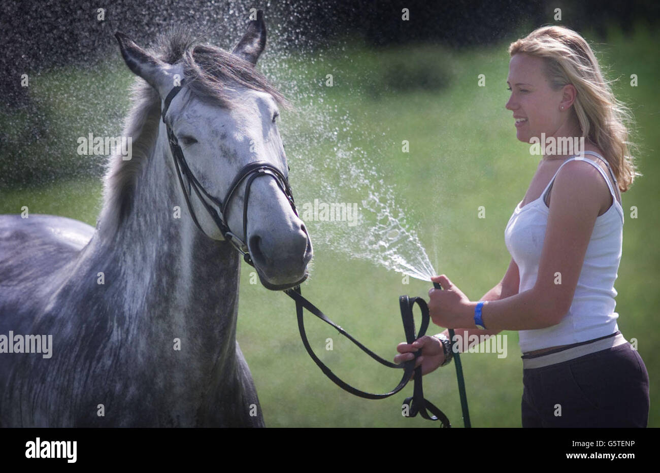 Dressurreiterin Jo Andrews (21) schmeiß ihr Pferd 'Blue' während der Royal Windsor Pferdeshow herunter, als die Temperaturen auf 25 Grad anstiegen. Jo reitet auf der Jubiläumsfeier "All the Queens Horses", die neben der Windsor Horse Show stattfindet. Stockfoto