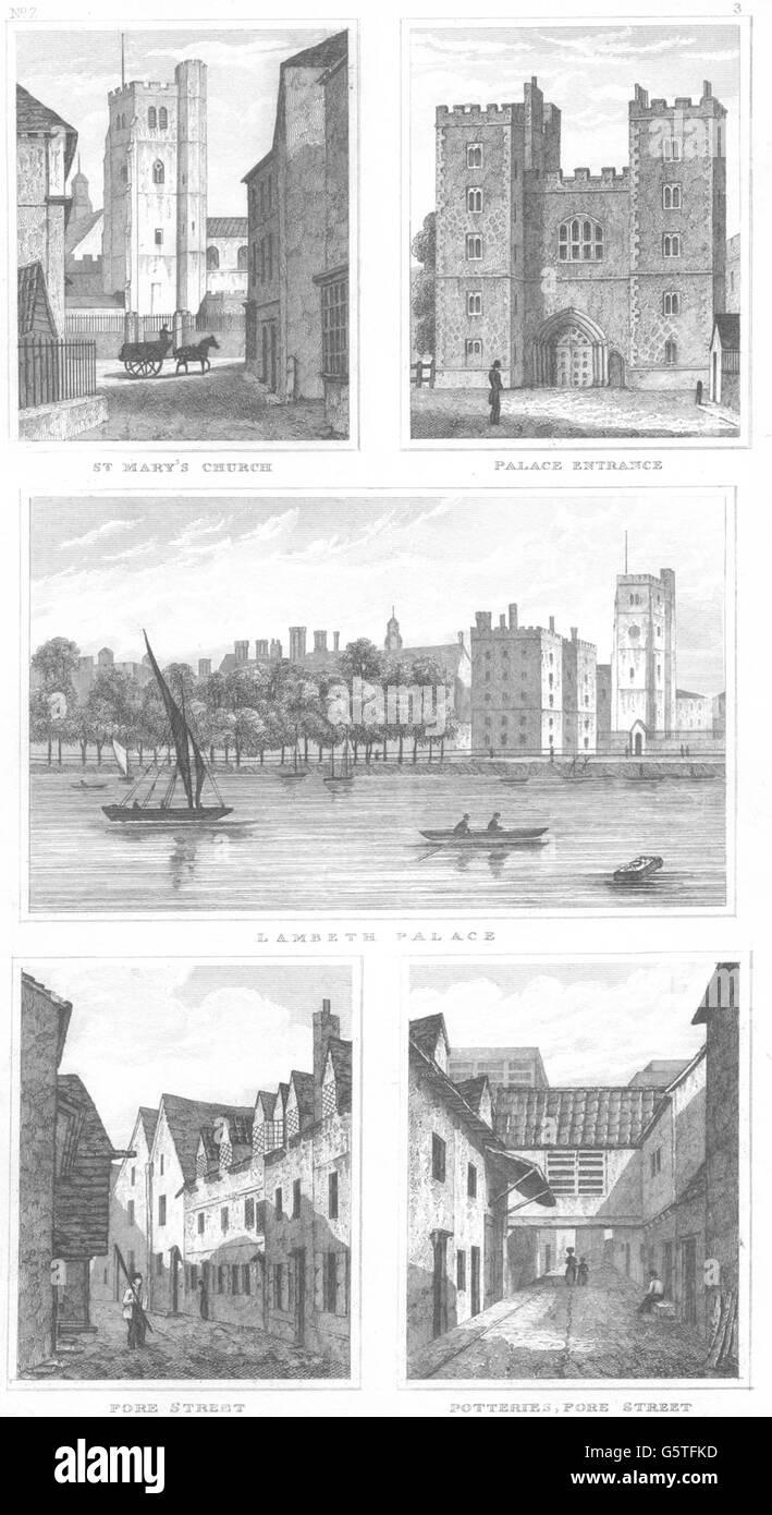 LAMBETH: St. Marien Kirche; Lambeth Palace; Fore Street; Töpfereien, gedruckt 1832 Stockfoto