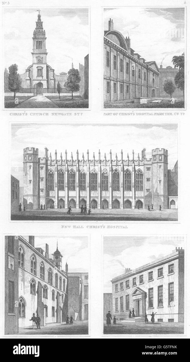 NEWGATE: Die Kirche Christi, Newgate Street; Christi Krankenhaus; Gymnasiums 1832 Stockfoto
