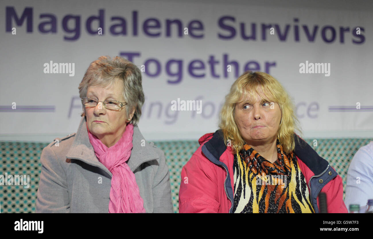 Magdalene Survivors L-R Marina Gambold und Mary Smyth bei der Pressekonferenz im Handel Hotel, Dublin. Stockfoto