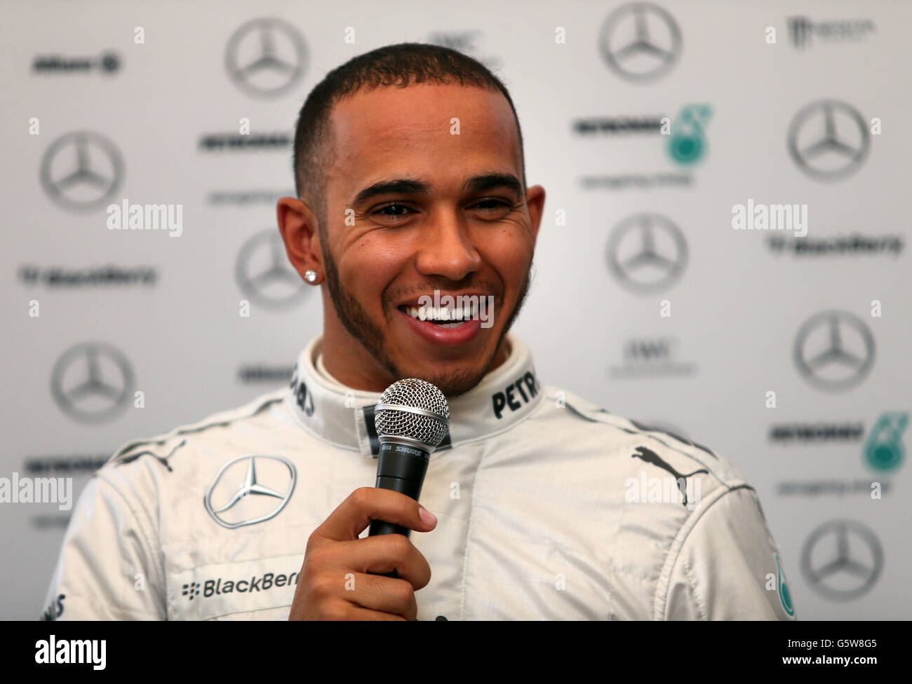 Lewis Hamilton beim Start des Mercedes F1 W04 im Circuito de Jerez, Jerez, Spanien Stockfoto