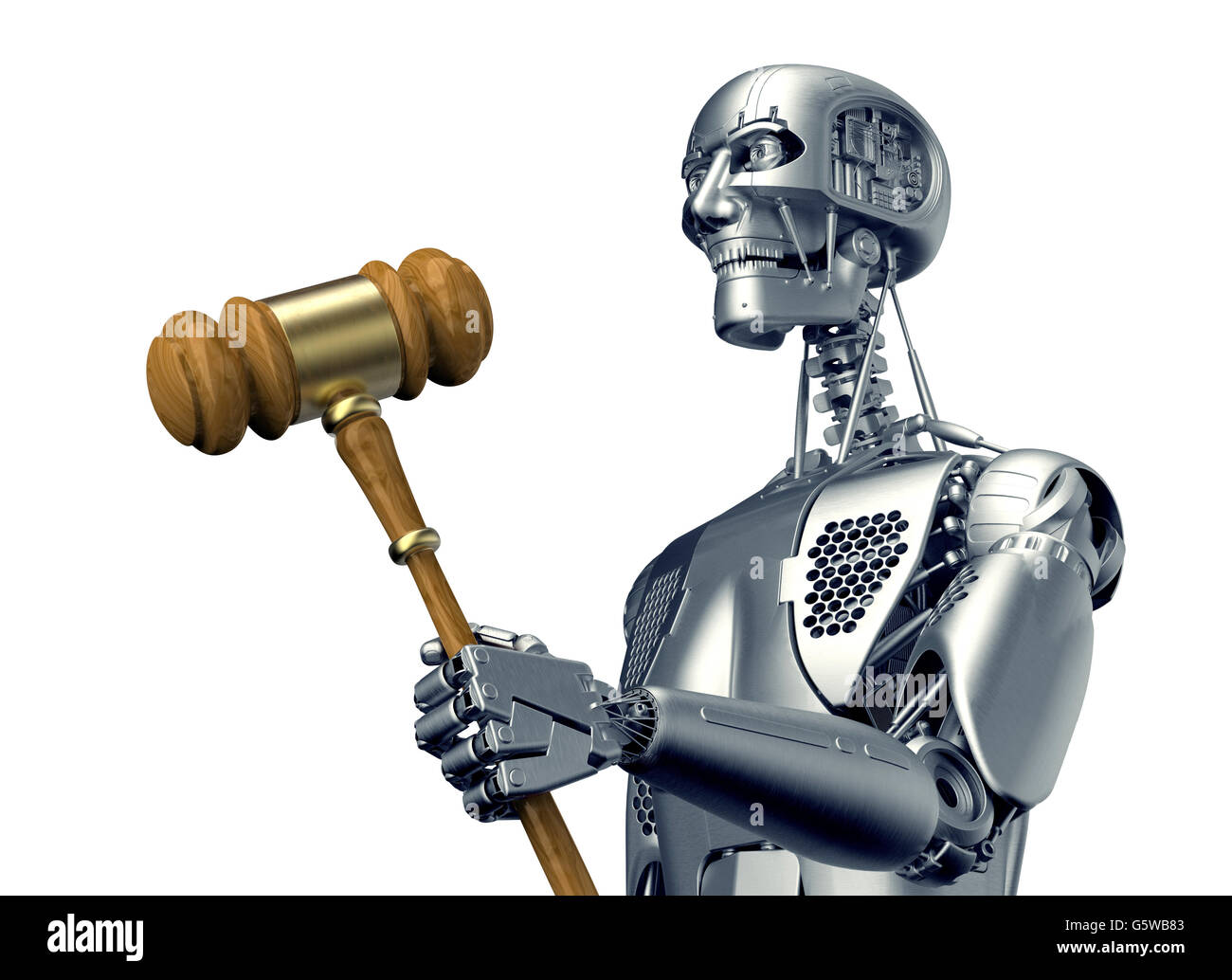 rechtliche Computer Richter Konzept, Roboter mit Hammer, 3D Illustration. Stockfoto